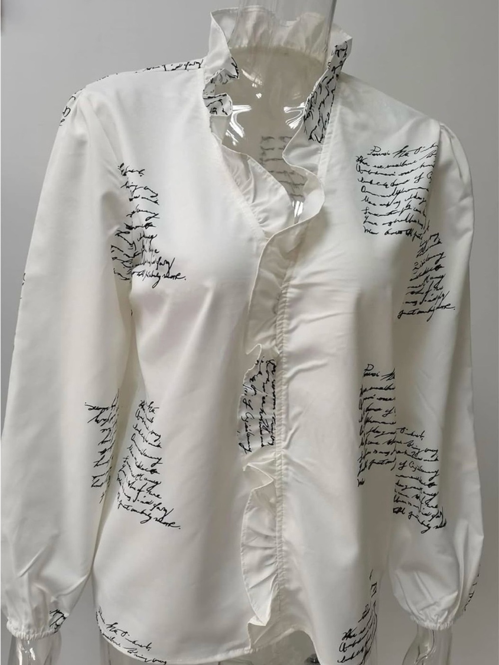 Women’s White Script Ruffle Button-Up Blouse - Picture 2 of 5